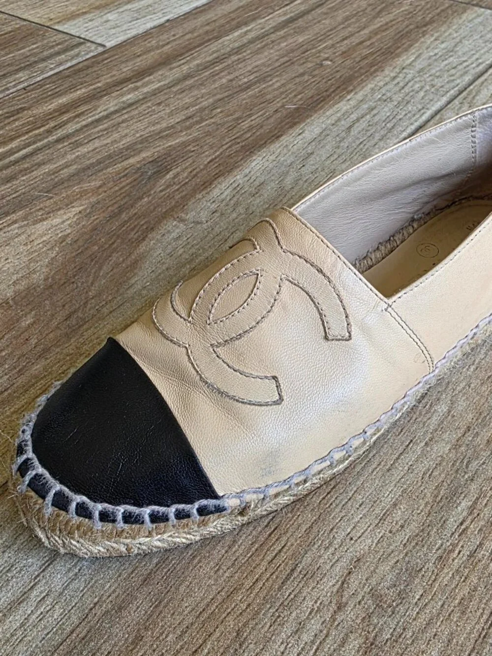 CHANEL  Beige & Black Lambskin Espadrilles Eur. 35
